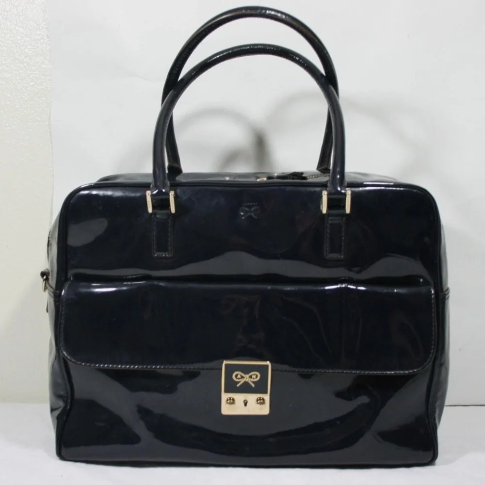 ANYA HINDMARCH PATENT LEATHER CARKER HANDBAG ZIP TOP BAG BOXY SATCHEL - Picture 2 of 8